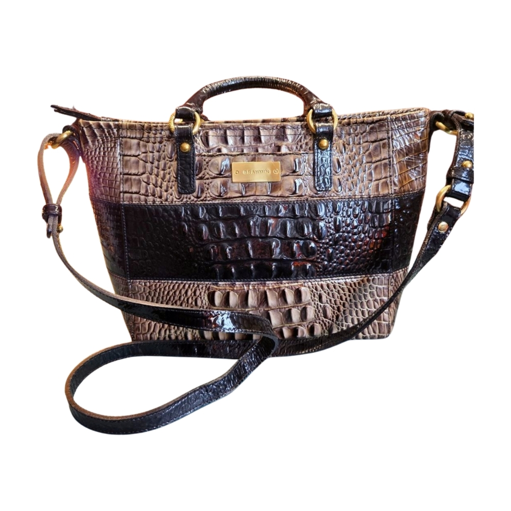 BRAHMIN Mini Asher Croc Embossed Convertible Crossbody Satchel Brown Black